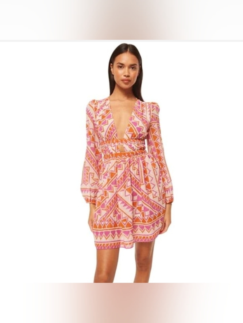 Misa Los Angeles Plunge V-Neck Pink & Orange Geometric Long-Sleeve Dress, Size L